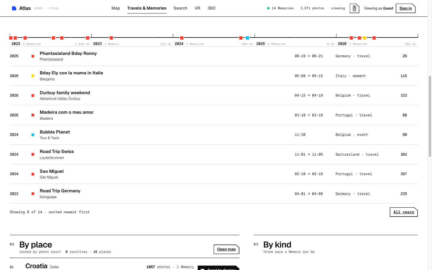 Atlas timeline listing real Memories across 2022 to 2026
